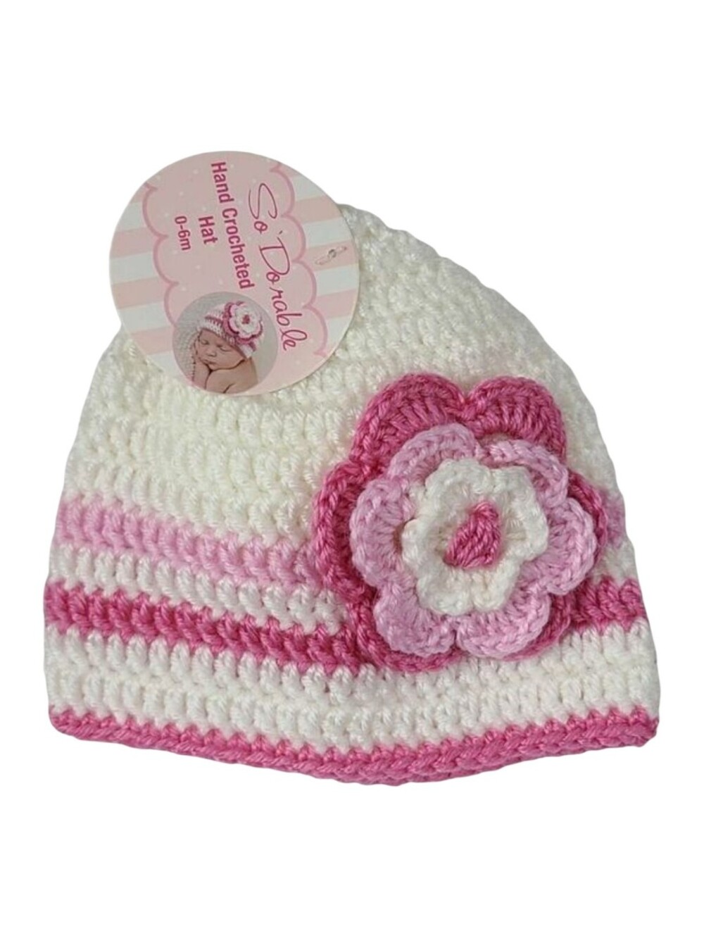Hand Crochet Baby Girl Hat Pink White Flower Newborn 0-6M Photo Prop Infant Gift